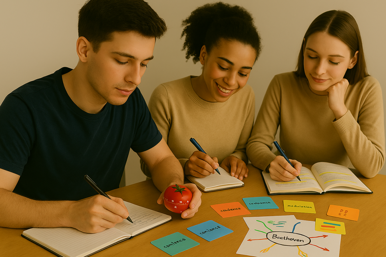 Students using Pomodoro timers and active recall methods for balanced and effective music study